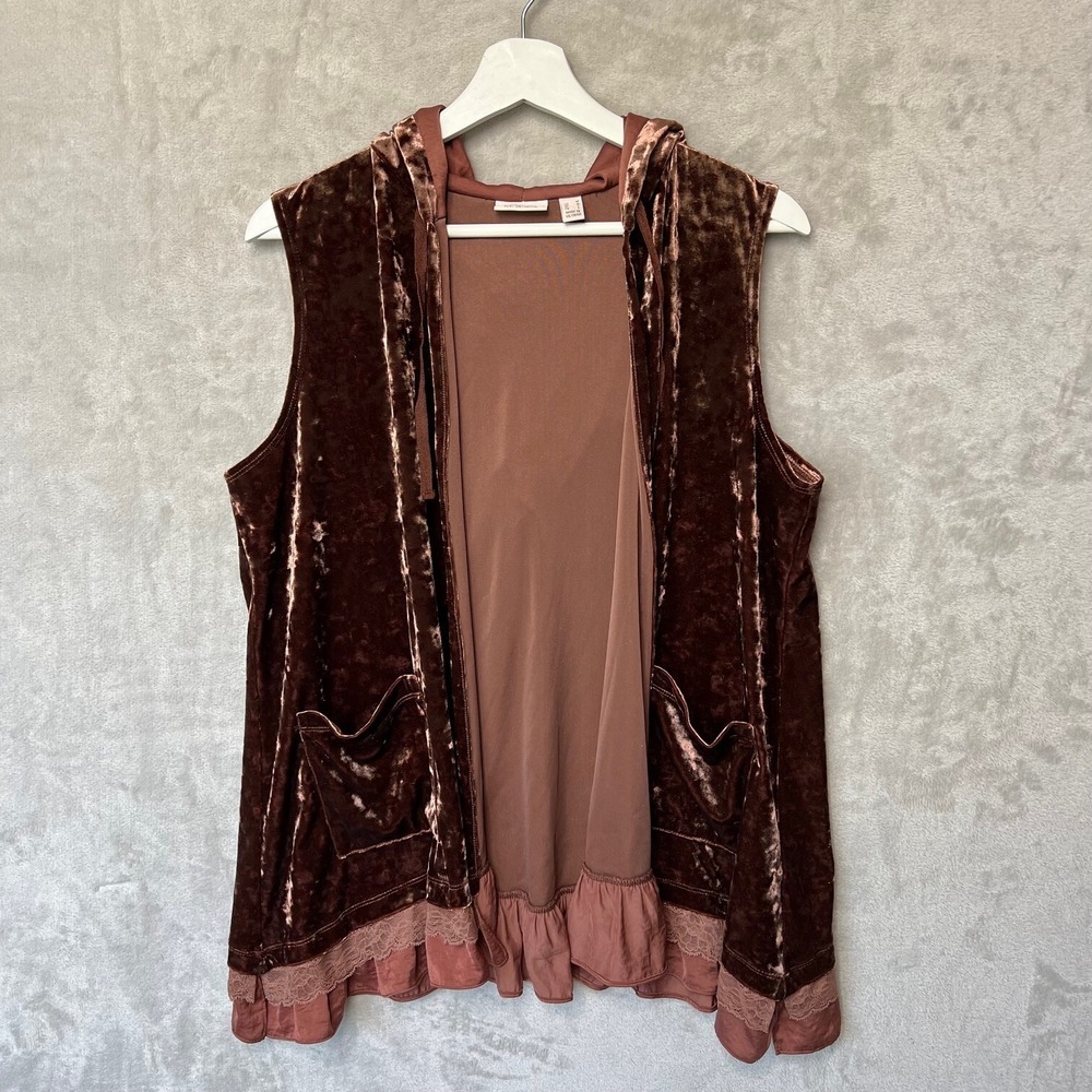 LOGO Lori Goldstein Brown Open Velour Vest w/ Pockets Hood Medium Whimseygoth
